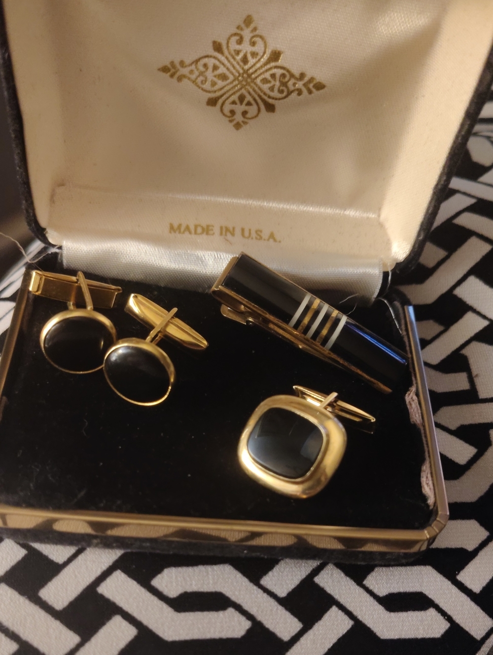 Vintage Gold-Tone Black Inlay Cufflinks and Tie Clip Set
